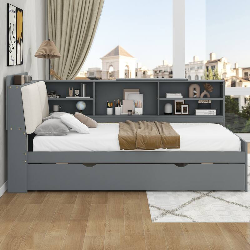 Twin Size Platform Bed with Trundle, Storage Shelves, Headboard with Upholstery, and Space-Saving Rotating Board