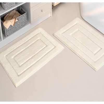 Ivory 2 Piece Bordered Box Plush Soft Cozy 100% Polyester Bath Mat Set