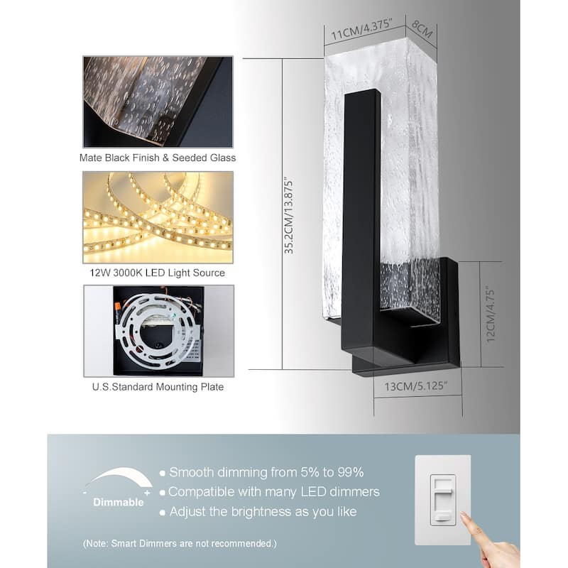 Black Modern Led Indoor Outdoor Wall Sconce, 12W 3000K Warm White