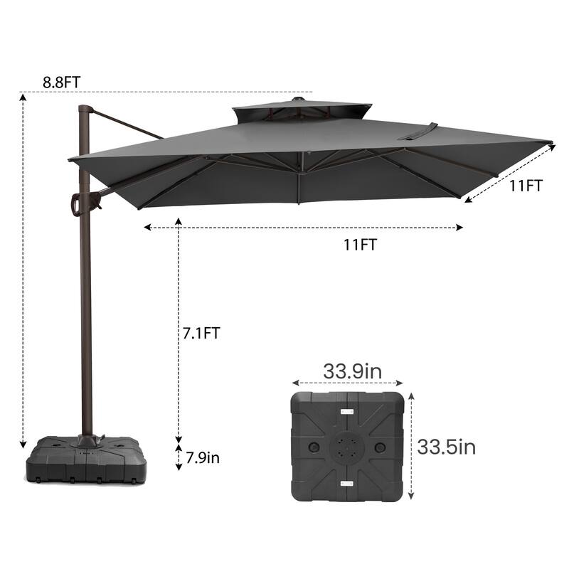 Pellebant 11X11FT Outdoor Patio Cantilever Offset 360 Degree Rotation Umbrella with HDPE Base