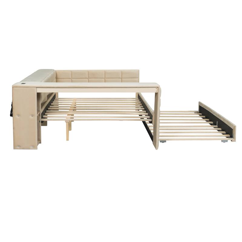 Full Size Upholstered Platform Bed with Storage, Desk, Charging Station, and Trundle in Beige