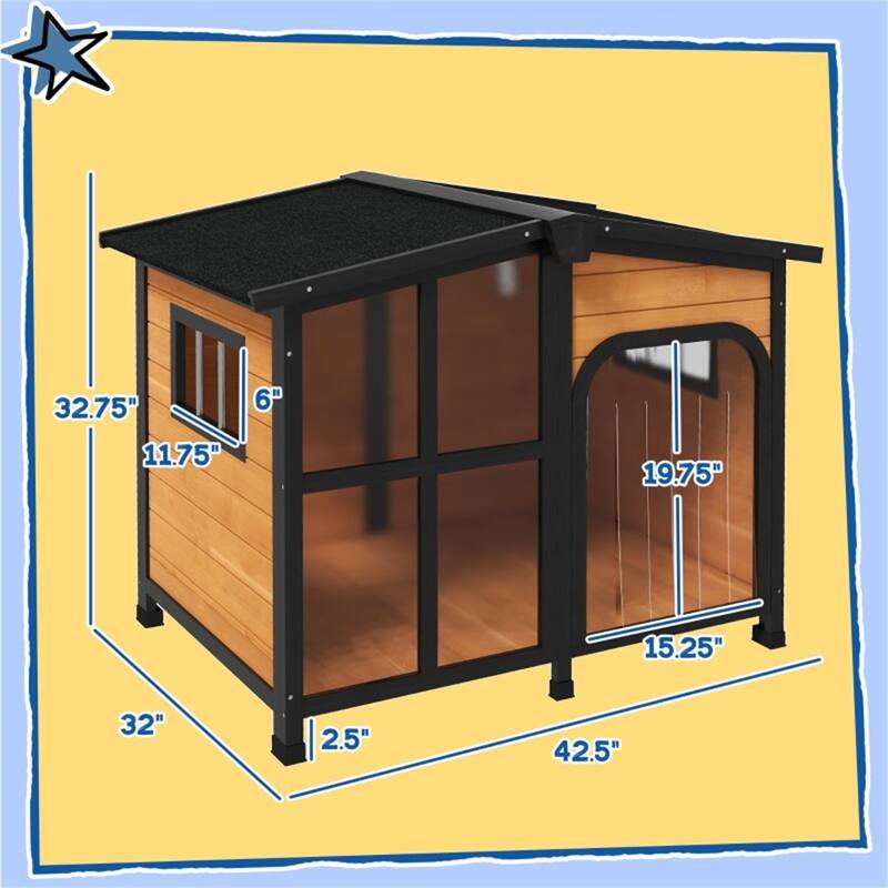 Natural Wooden Dog House with Weatherproof Asphalt Roof, Raised Floor & Openable Roof for Easy Access