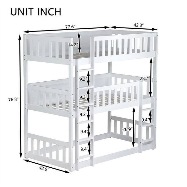 dimension image slide 1 of 2, Twin Size Wooden Triple Bunk Bed with Ladders and Guardrails, Twin Over Twin Over Twin Detachable Bunk Bedframe for Kids