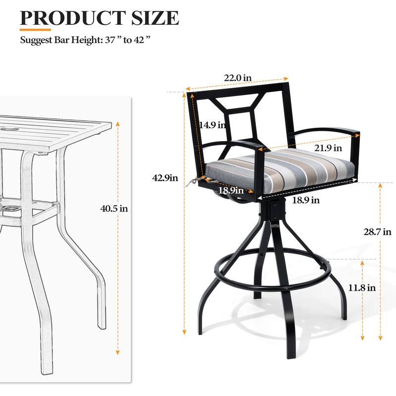 3/5-Piece Patio Bar Stool Set Swivel Aluminum Bar Stools with Sunbrella Cushion and Table Set