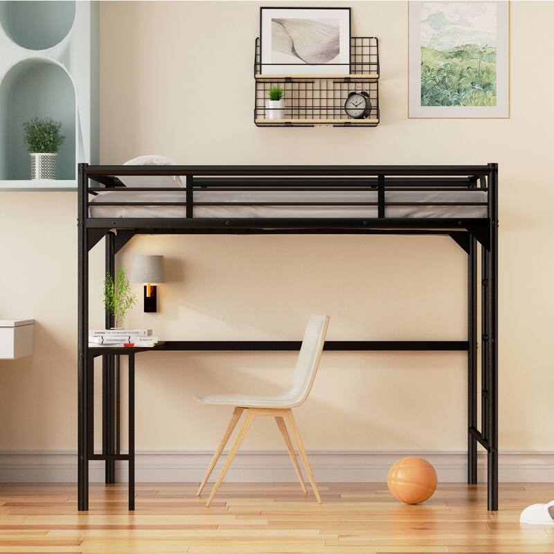 Metal Twin Loft Bed with Desk, Loft Bed Kids Bed, Bedroom High Loft Bed Frame with Ladder and Safety Guardrails, Twin Size Bed - Black - Twin