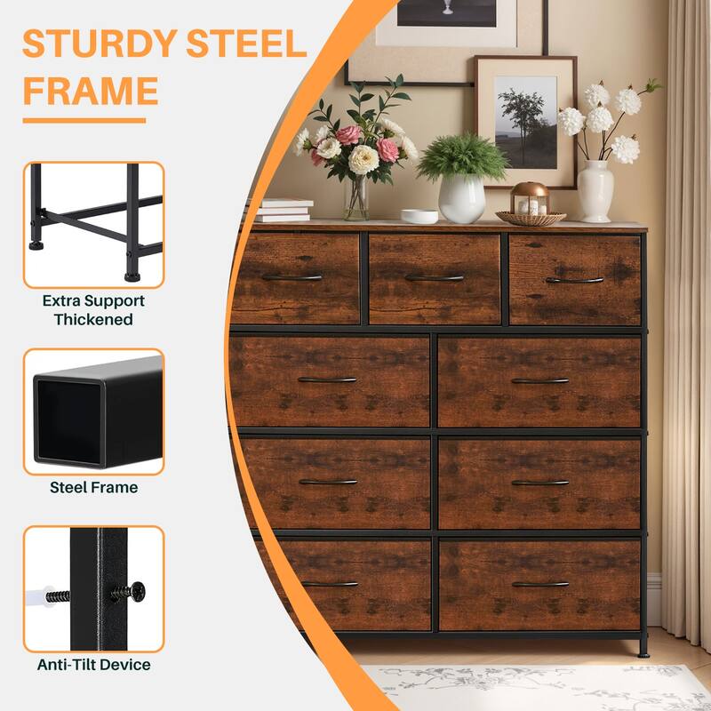 Dresser for Bedroom, Storage Organizer with 9 Drawers, Chest of Drawers with Fabric Bins, Sturdy Metal Frame, Wood Tabletop