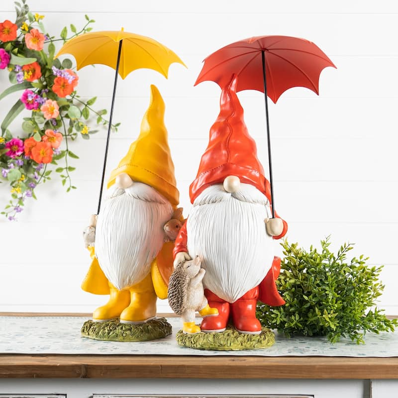 Set of 2 Yellow & Red St&ing Gnomes Umbrella Tabletop Figurines 23"