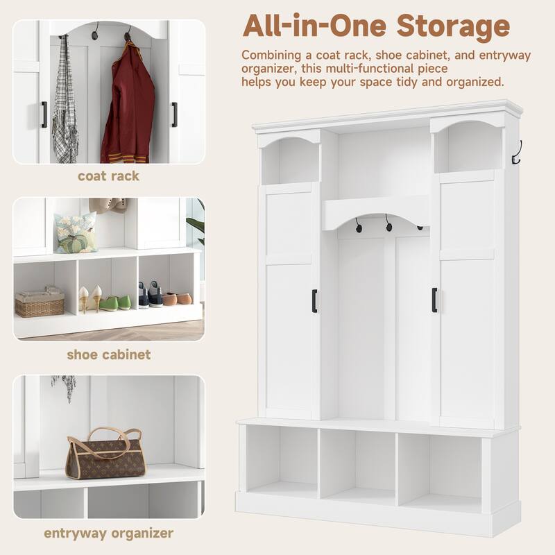 Modern Hall Tree with Adjustable Shelves Dual Cabinets Bench Entryway Organizer