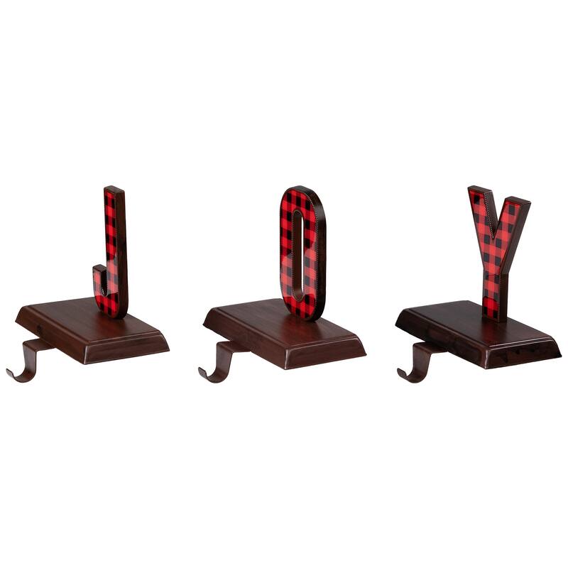 Set of 3 Red Black Buffalo Plaid "JOY" Christmas Stocking Holder 6"