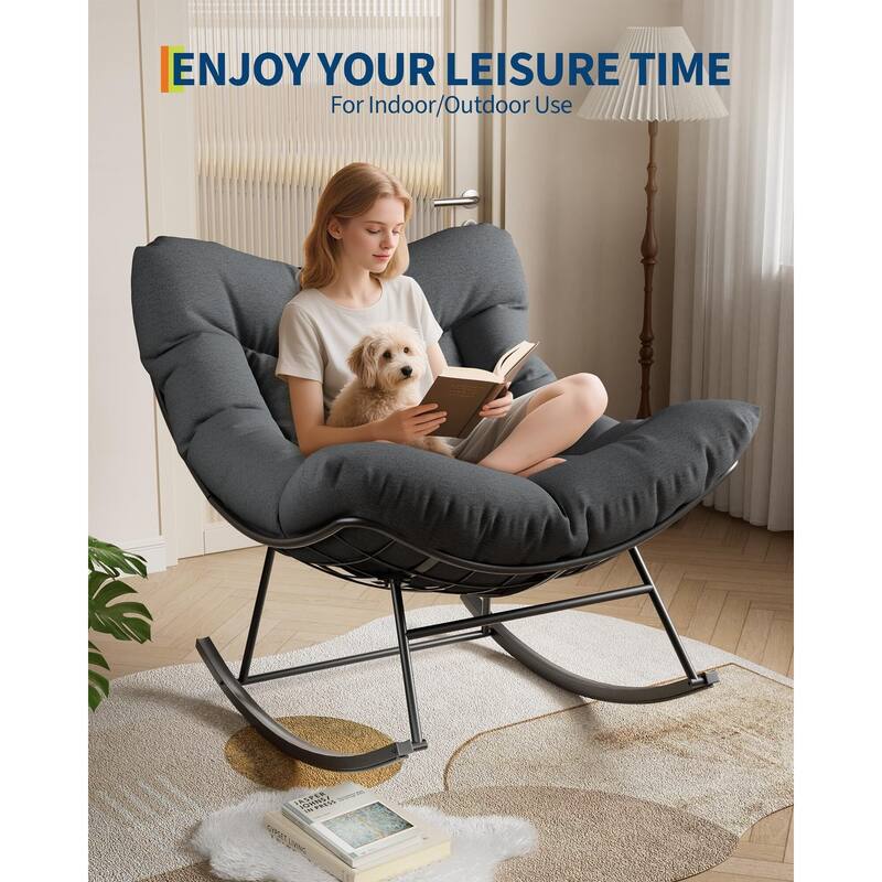Outdoor Papasan Rocking Chair, Oversized Rocking Chair with Sturdy Metal Frame, Patio Rattan Egg