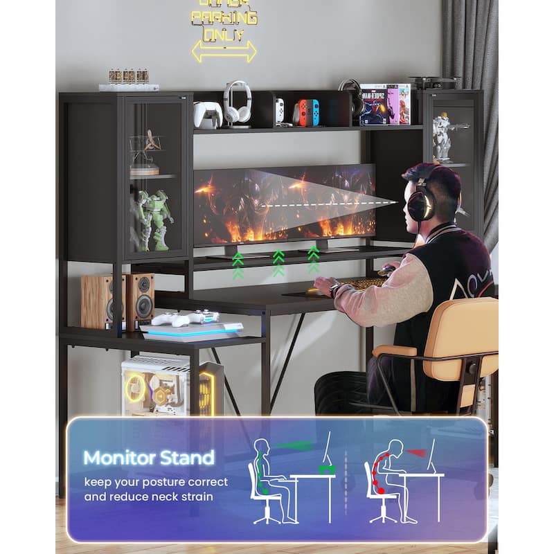 Gaming Desk LED Lights Hutch and Storage Shelves Glass Display Cabinet