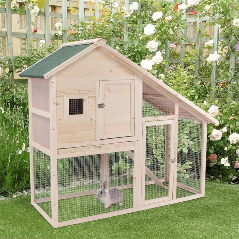 Multi-Functional Small Bunny Cage with Ramp and Backyard Run - 55" L x 25.5" W x 48" H - Natural