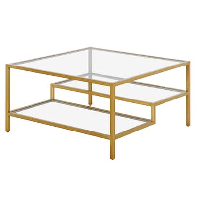 32-Inch Glass Square Coffee Table with Steel Base and Storage Shelves - 32” x 32” x 17”