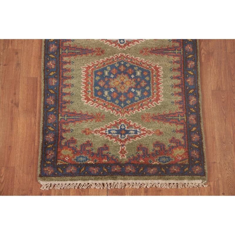 Green Geometric Kazak Oriental Runner Rug Wool Carpet - 2'6"x 9'9"