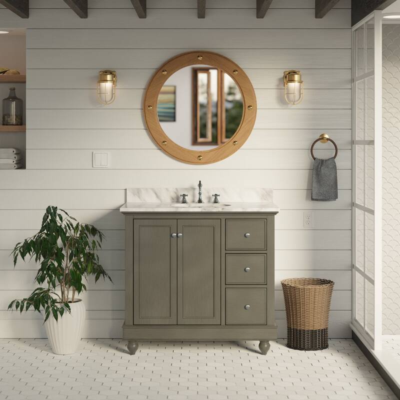 KitchenBathCollection Bella 36" Bathroom Vanity with Carrara Marble Top