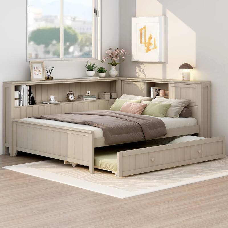 Full Size Wood Daybed with Storage Shelves,Trundle,Wood Slats Wupport