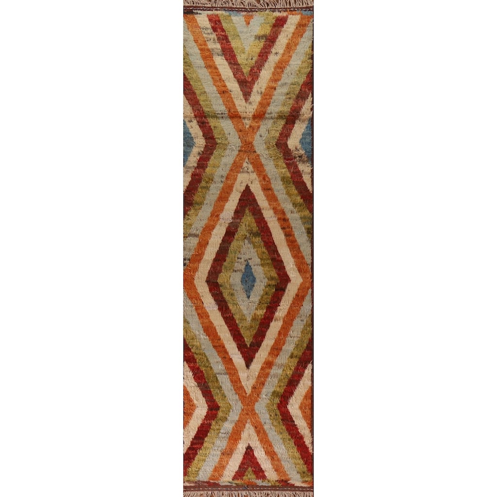 Hand Knotted Oriental 100% Wool Carpet Modern Geometric Multi-Colored Moroccan Runner Rug - 13' 3'' X 3' 2''