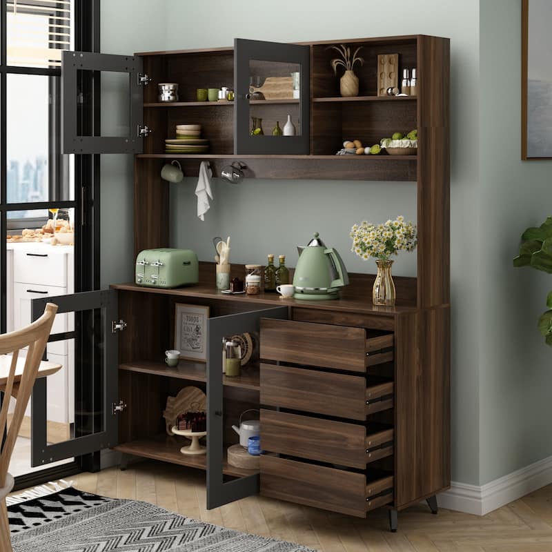 63"W 74.8"W Buffet with Hutch, Freestanding Kitchen Pantry