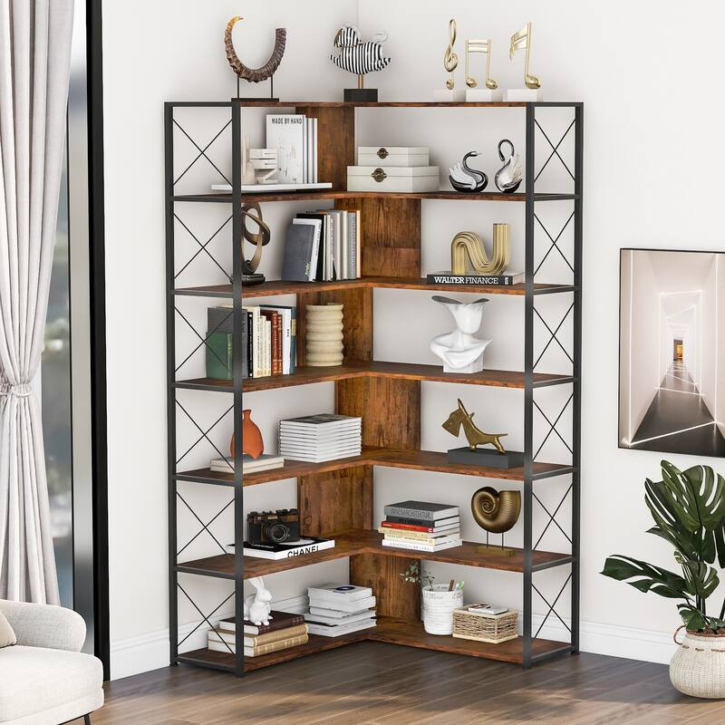 7Tier Bookcase Corner Bookshelf, LShaped Plant Stand with Metal Frame