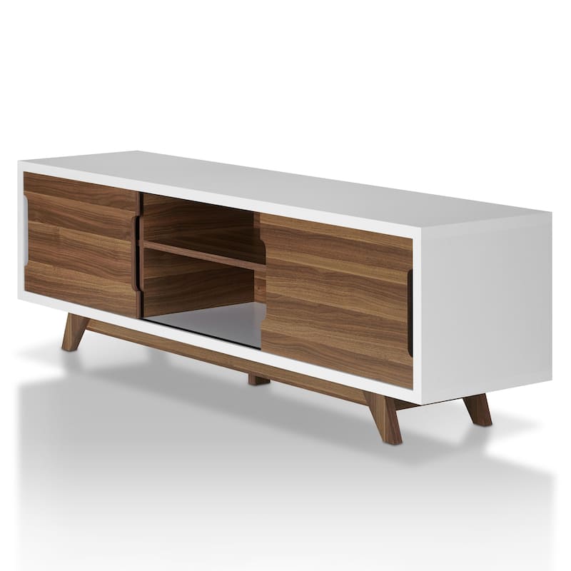 DH BASIC Mid-Century Modern White and Walnut 62-inch Wide 6-Shelf TV Stand by Denhour