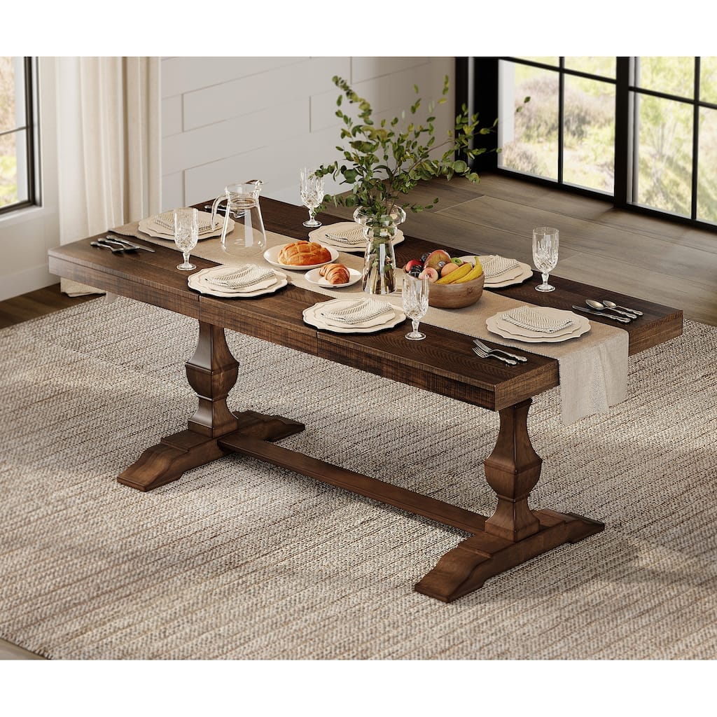 Modern Farmhouse Dining Table Set for 6, 74.8" Large Kitchen Table with 2 Solid Wood Legs and Double Pedestal Base - Table-1set
