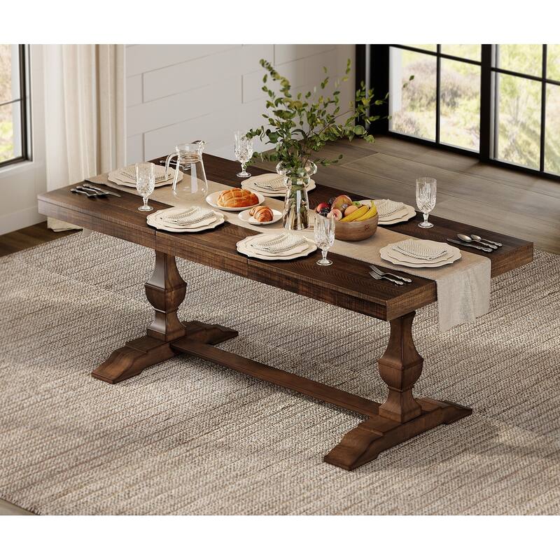 Modern Farmhouse Dining Table Set for 6, 74.8" Large Kitchen Table with 2 Solid Wood Legs and Double Pedestal Base - Table-1set - Table-1set - Espresso