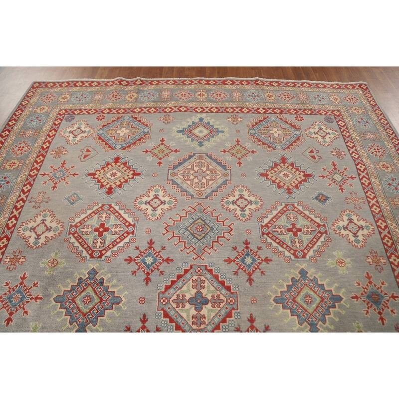 Geometric Kazak Oriental Area Rug Handmade Grey Wool Carpet - 8'2" x 10'0"