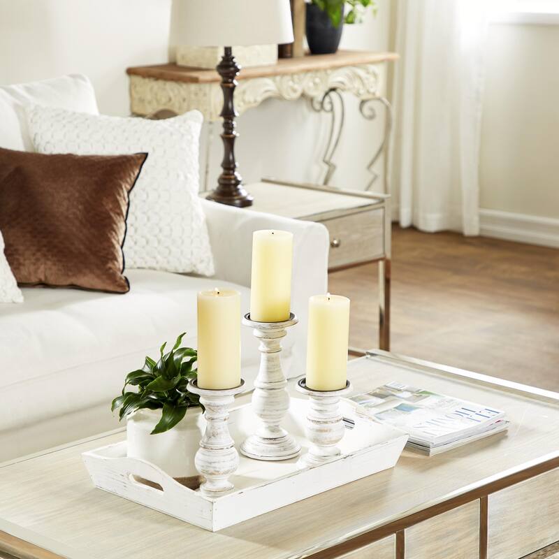 Mango Wood Distressed Turned Pillar Decorative Candle Holder - Set of 3 - Roche River Decor