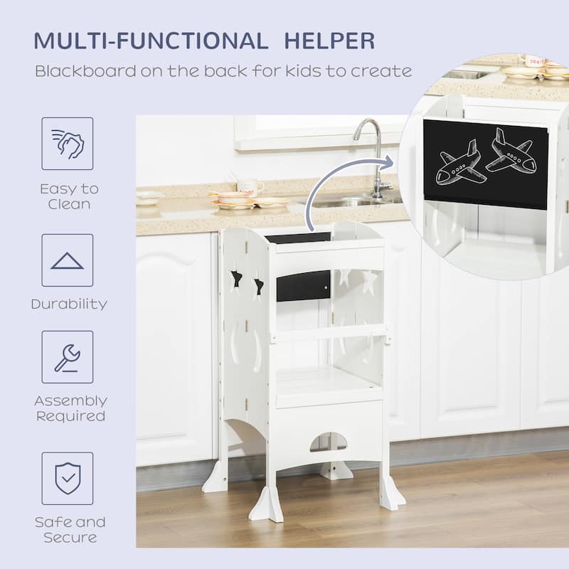 Qaba Kids Kitchen Foldable Step Stool Toddler Kitchen Stool w/ Chalkboard Lockable Handrail for 3-6 Years