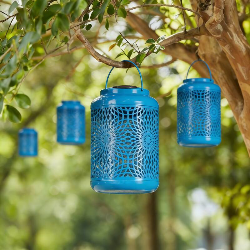 Glitzhome 8.75"H Outdoor Waterproof Metal Solar Hanging Lantern with Flower Leaves Decor - 4PCS Blue-Flower