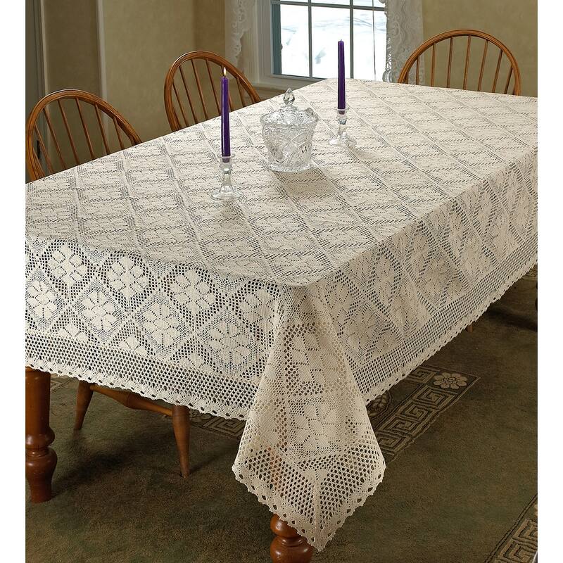 Violet Linen Stars Crochet Vintage Lace Pattern Tablecloth - 60" X 120" - Ivory