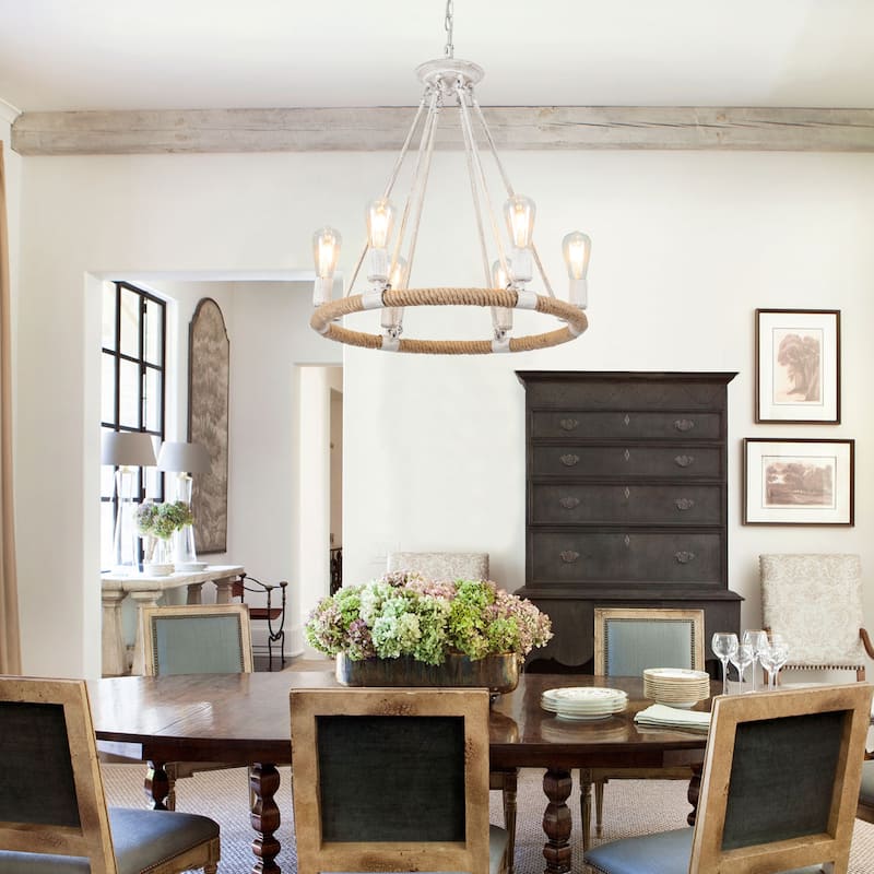 6-Light Farmhouse Chandelier, Modern Wagon Wheel Chandelier for Dining Room Living Room Bedroom Kitchen - W22.83"x H23.26"