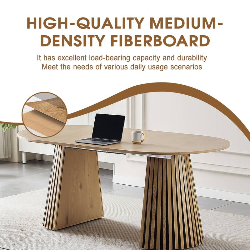 Extendable Oval Wood Dining Table, Multi-Functional Desk with Slatted Legs