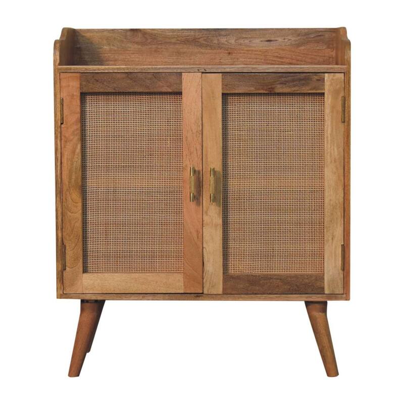 HomeRoots 35" Brown Distressed Solid Wood Inlaid Rattan Accent Cabinet With Two Doors