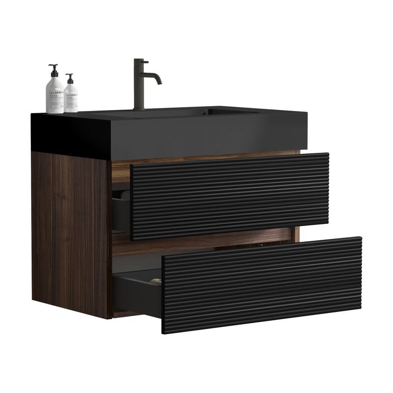 36" Wall-Mounted Bathroom Vanity With Ceramic Art Sink, and Storage Shelves, Soft-Close Door, KD-Packing, Plywood