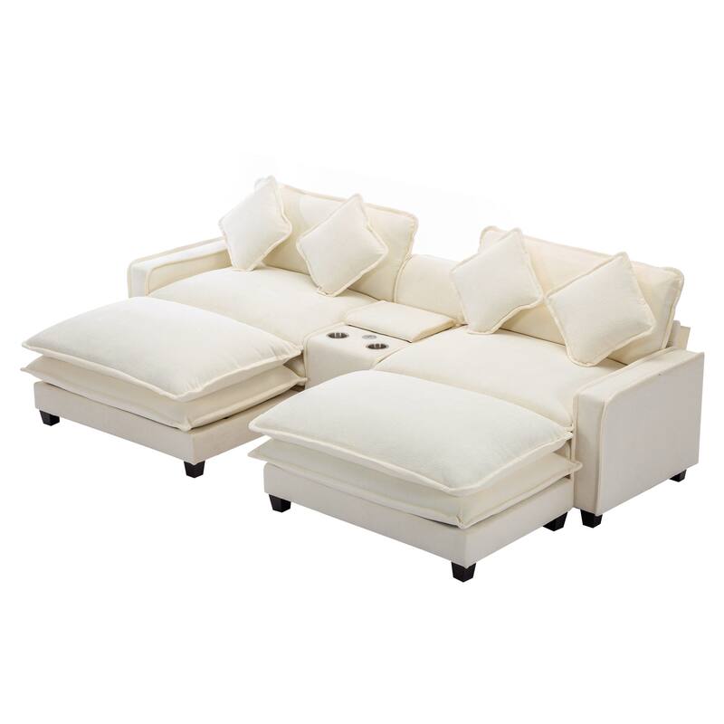 111" Chenille Sectional Sofa with 2 Ottomans, USB Ports and Storage - 4-Seater and Pocket Spring Cushions Cup Holders