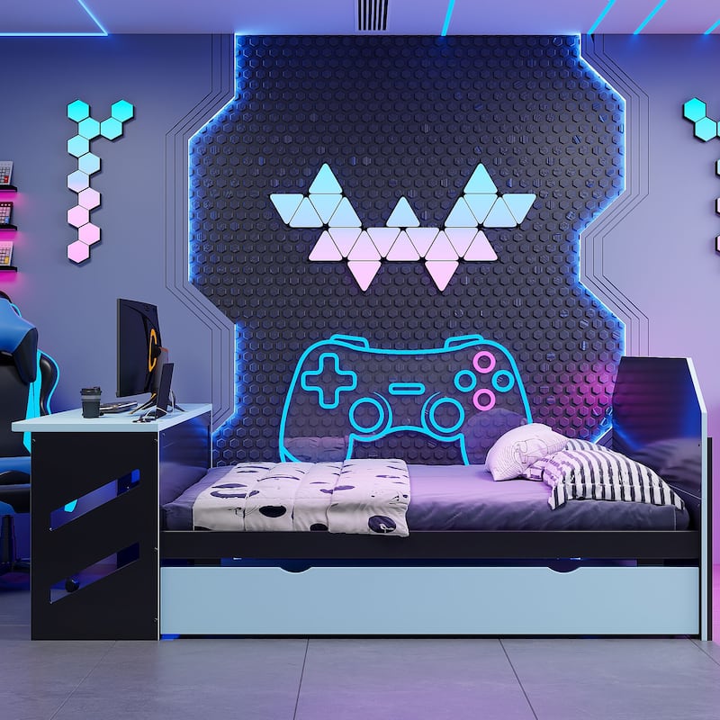 Esports & Work Daybed Full Size Platform Bed for Teens with Twin Size Trundle, Built-in Desk, USB Ports and Cable Management