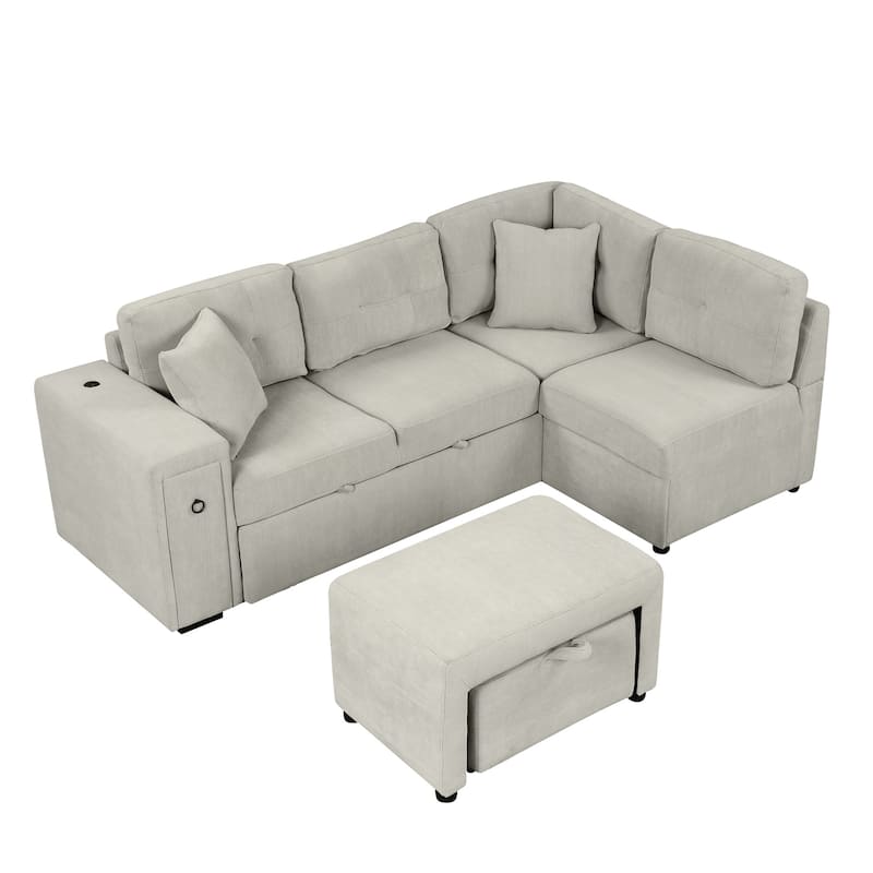 86.6" L-shaped Sleeper Sofa Bed Set with Ottoman and Cup Holders