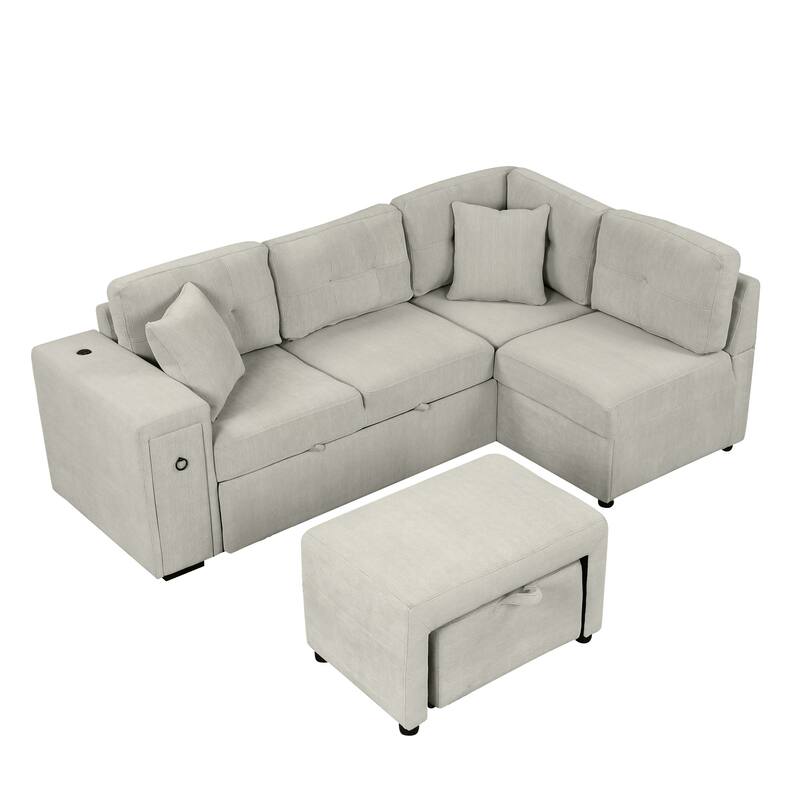 Convertible Sectional Sofa Bed with Ottoman, Chenille L-Shaped Pull Out Couch with Drawer 2 USB Ports & 2 Cup Holders