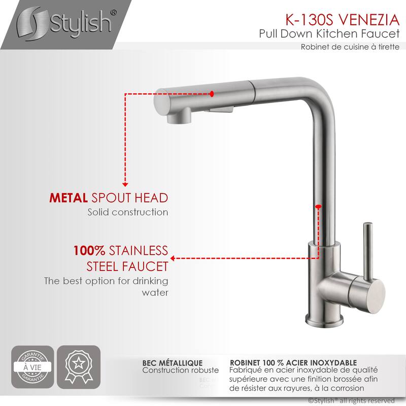 STYLISH Pull Down Kitchen Faucet + Soap Dispenser - Stainless Steel Finish