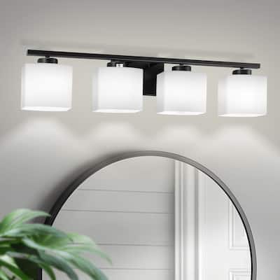 YANSUN 30.7 in. 4-Light Matte Black Industrial Vintage Vanity Light Fixtures for Bathroom with White Glass Shades - 30.7*7.1*6.5