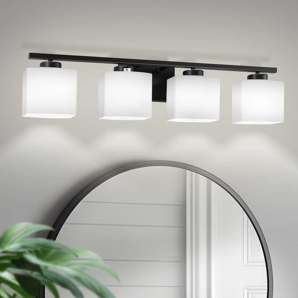 YANSUN 30.7 in. 4-Light Matte Black Industrial Vintage Vanity Light Fixtures for Bathroom with White Glass Shades - 30.7*7.1*6.5