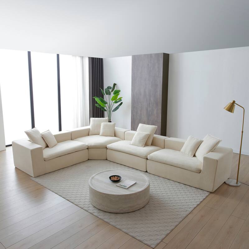 L-Shape Cloud Sectional Couch Oversized Modular Recliner Sofa Velvet Upholstered Sleeper Couches for Living Room Deep Seat Sofa - Beige