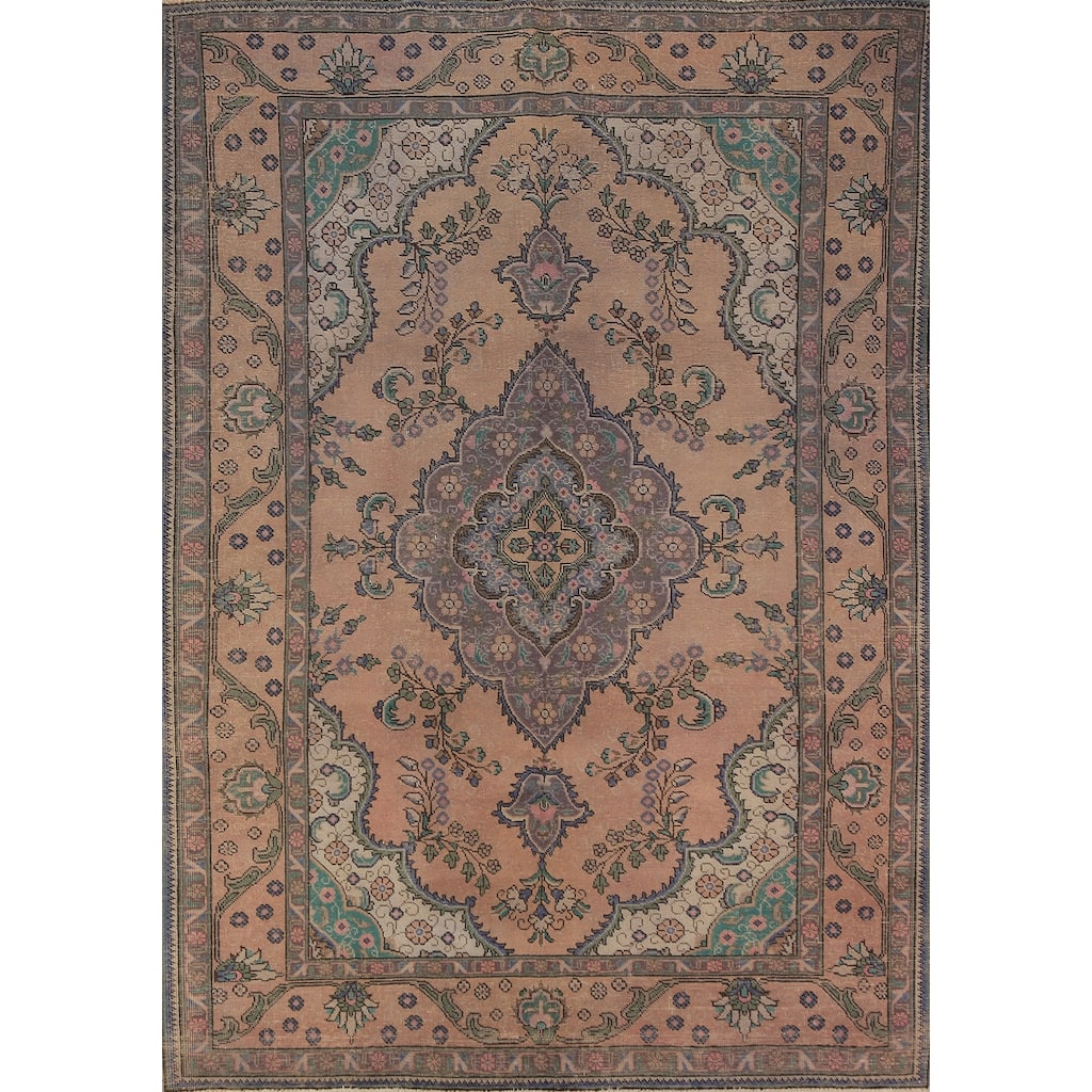 Tabriz Persian Vintage Area Rug Hand-Knotted Pink Wool Carpet - 6'7" x 9'5"