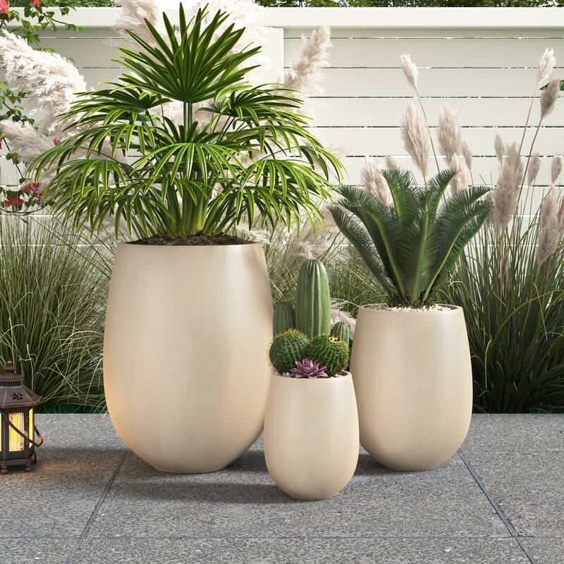 Lightweight Round MGO Outdoor Planter Set-3 Sizes (15.6"/10.74"/7.3"),Large Outdoor Indoor Flower Pots with Drainage Hole