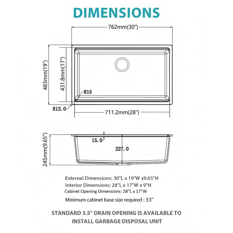 Kitchen Sink - 30" x 19" x 9.65" Black Granite Composite Workstation Undermount Single Bowl Kitchen Sink