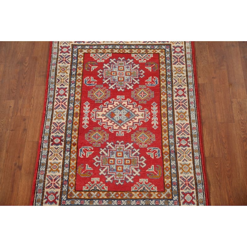 Kazak Oriental Accent Rug Hand-Knotted Red Geometric Wool Carpet - 2'8"x 4'1"