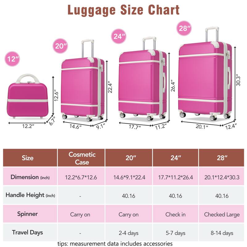 4-Piece, 20, 24, 28-Inch Modern Luggage Sets, Hard-Shell Luggage with Makeup Bag and TSA Lock, for Boarding Travel