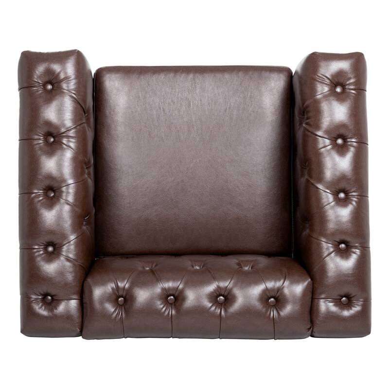Brown PU Modern 38.98" Upholstered Buttons Tufted Accent Chair with Gourd Shaped Birch Legs and Nailheads