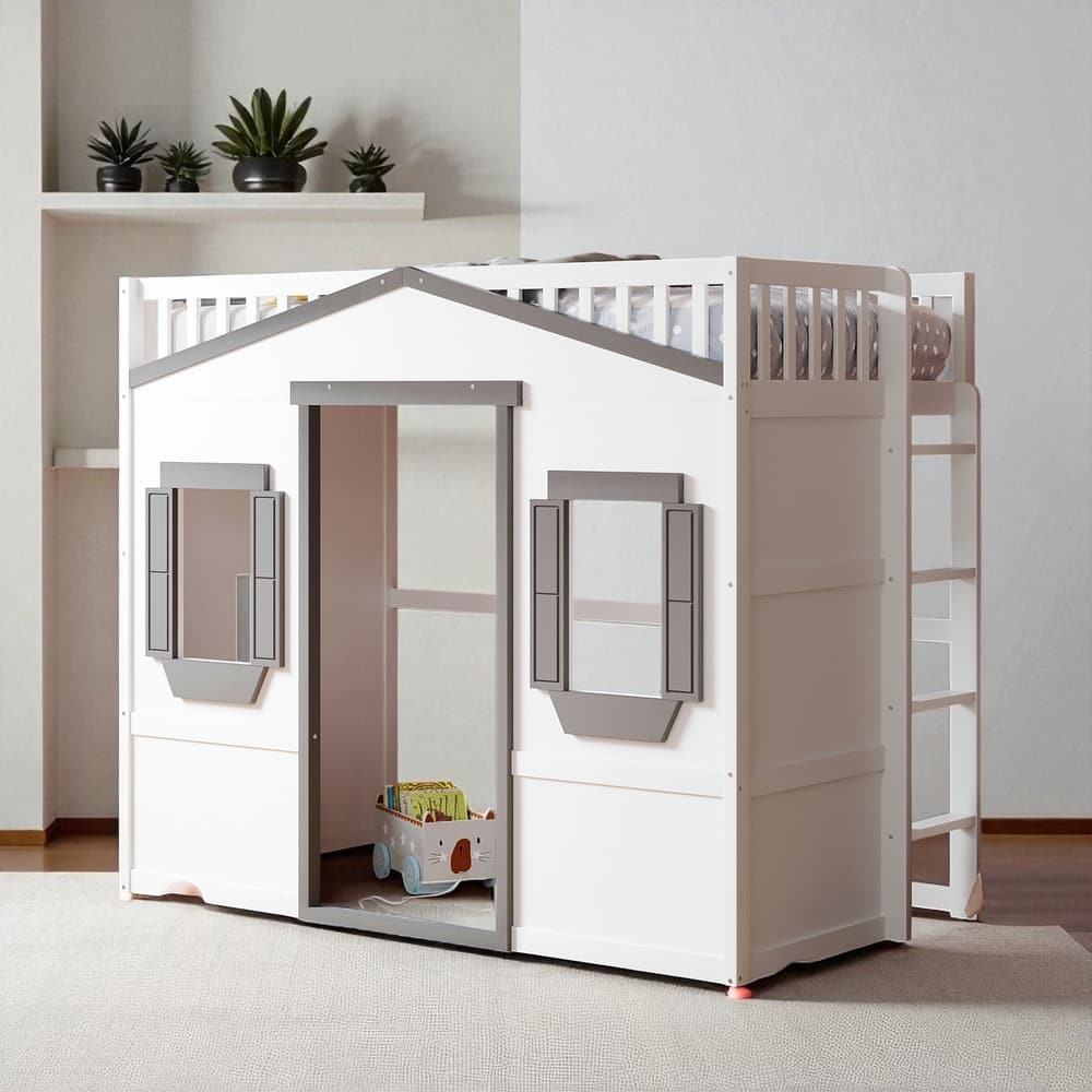 Twin/Full Size Wooden House Loft Bed with Guardrails and Slanted Ladder, No Box Spring Required
